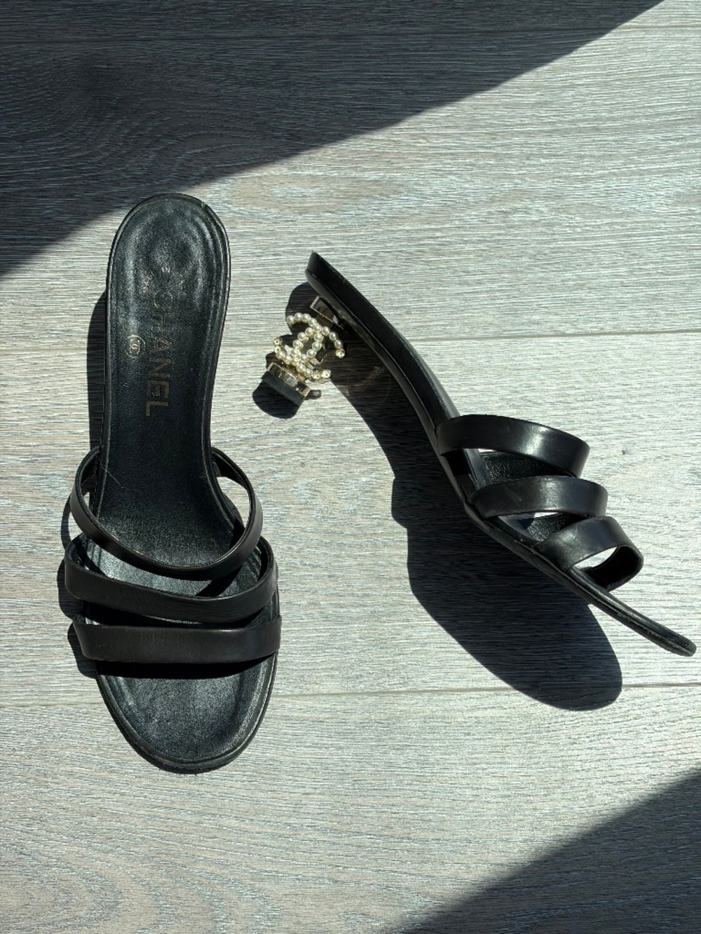 Chanel vintage black leather pearl mules heels sandals 39